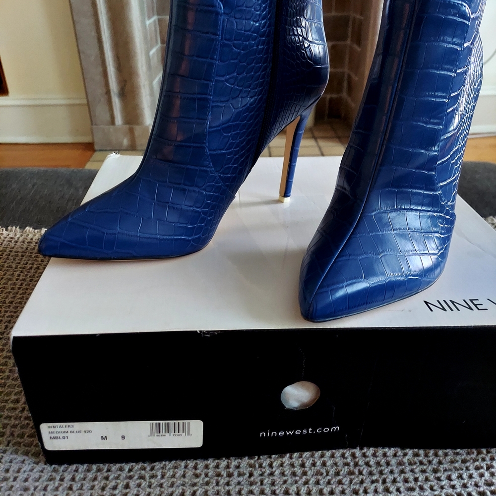 Nine West Royal Blue Croc-Embossed Heeled Boots
